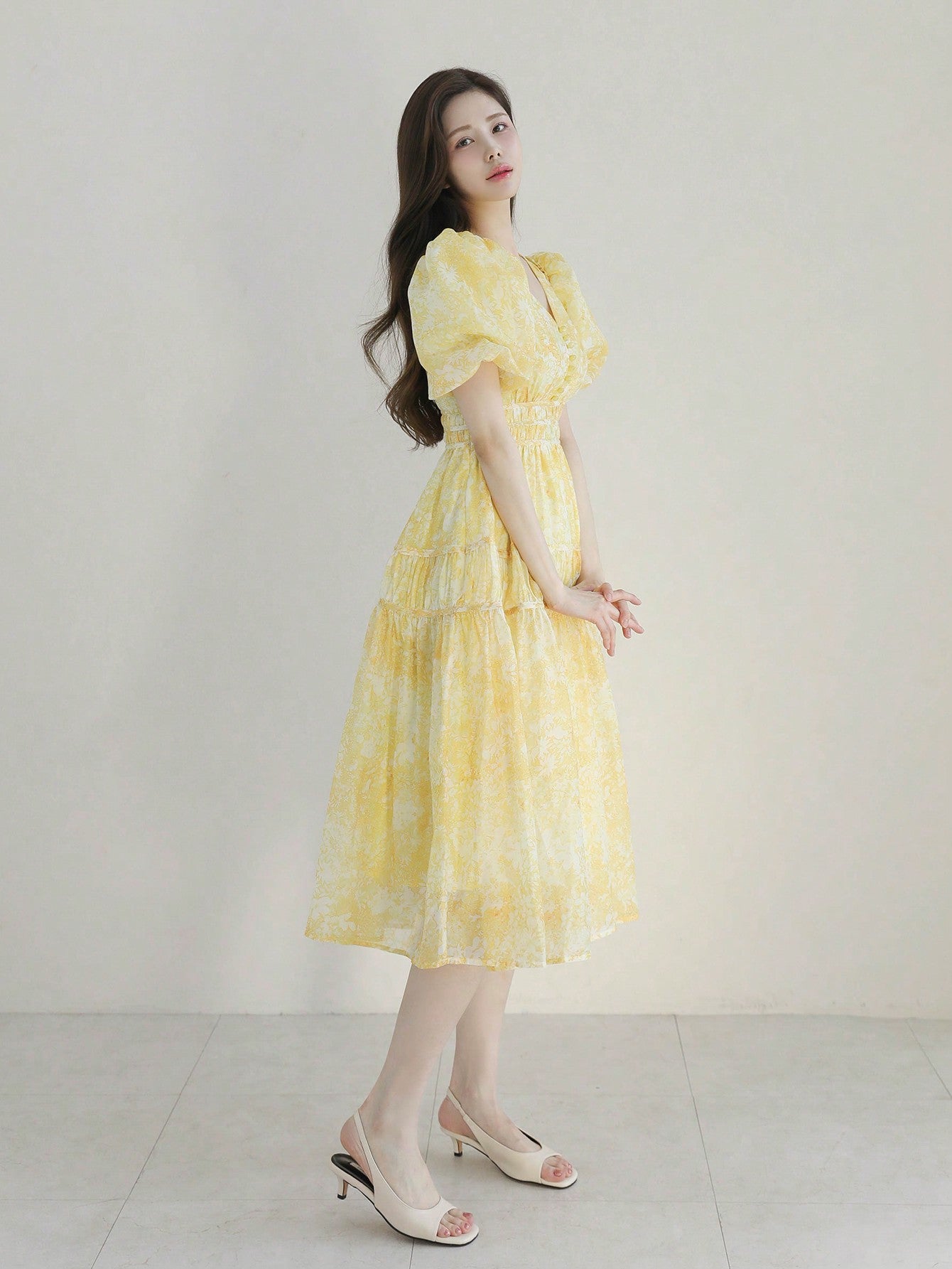 CM-DS663682 Women Elegant Seoul Style Allover Print Puff Sleeve Ruffle Hem Dress - Yellow