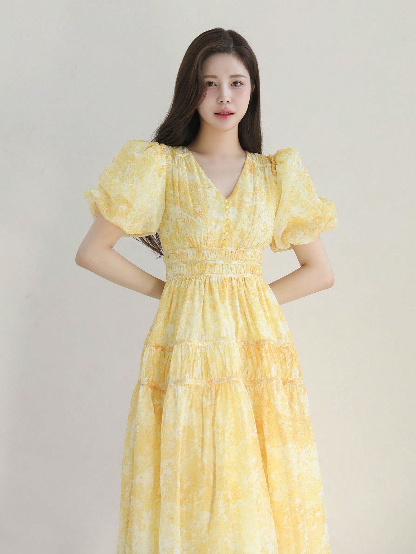 CM-DS663682 Women Elegant Seoul Style Allover Print Puff Sleeve Ruffle Hem Dress - Yellow