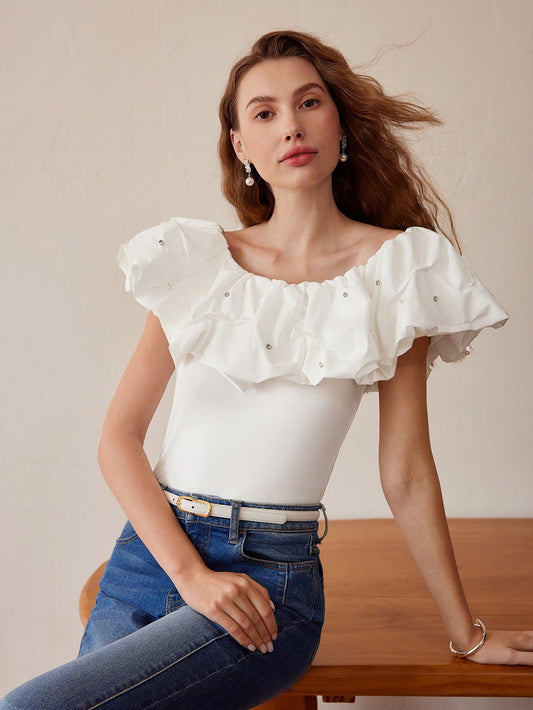 CM-TS710141 Women Elegant Seoul Style Rhinestone Scoop Neck Ruffle Trim Slim Fit Top - White