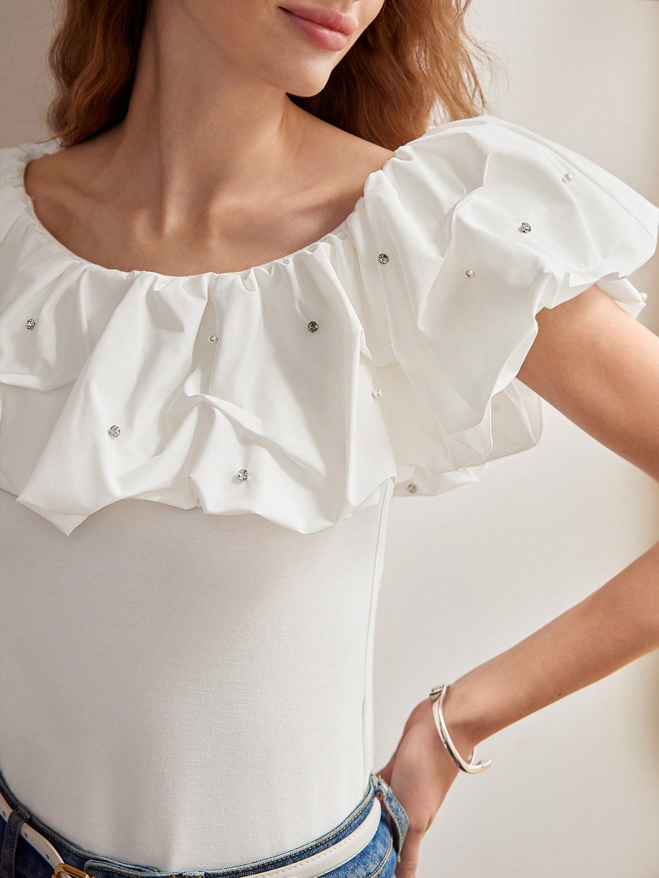 CM-TS710141 Women Elegant Seoul Style Rhinestone Scoop Neck Ruffle Trim Slim Fit Top - White