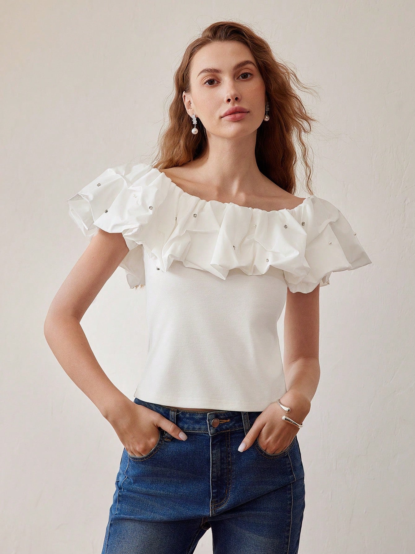 CM-TS710141 Women Elegant Seoul Style Rhinestone Scoop Neck Ruffle Trim Slim Fit Top - White