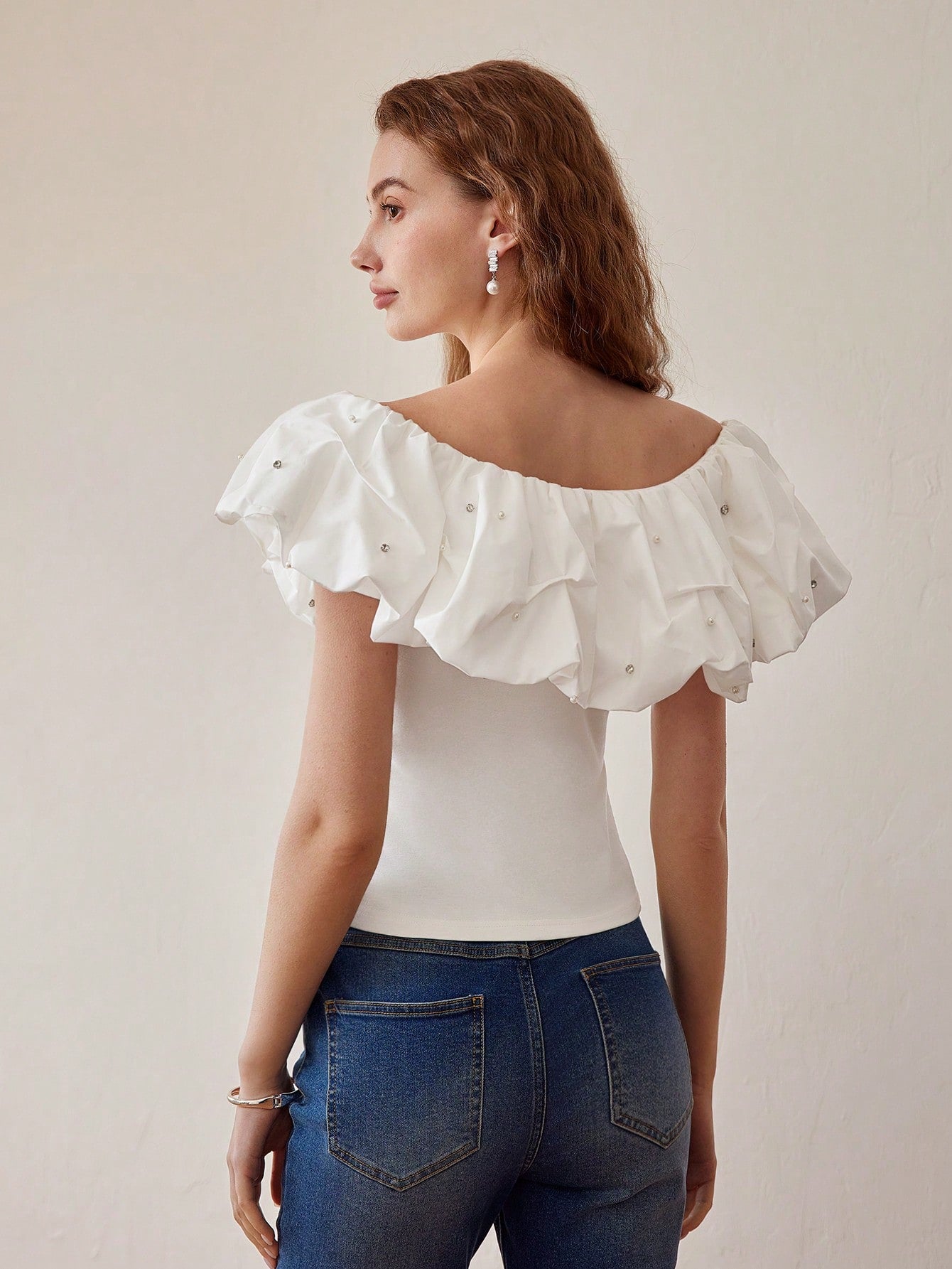 CM-TS710141 Women Elegant Seoul Style Rhinestone Scoop Neck Ruffle Trim Slim Fit Top - White