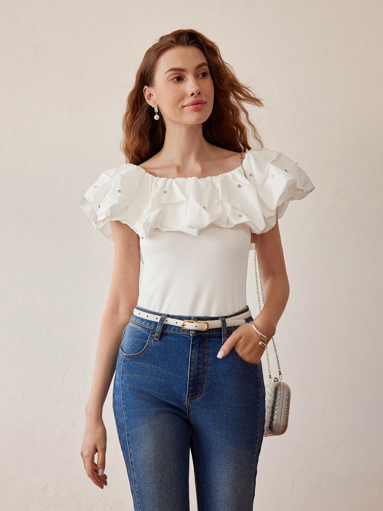 CM-TS710141 Women Elegant Seoul Style Rhinestone Scoop Neck Ruffle Trim Slim Fit Top - White