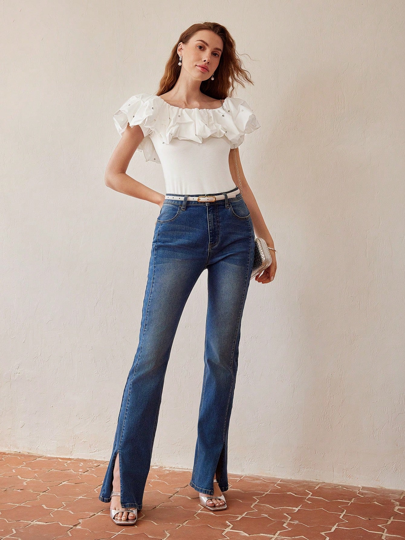 CM-TS710141 Women Elegant Seoul Style Rhinestone Scoop Neck Ruffle Trim Slim Fit Top - White