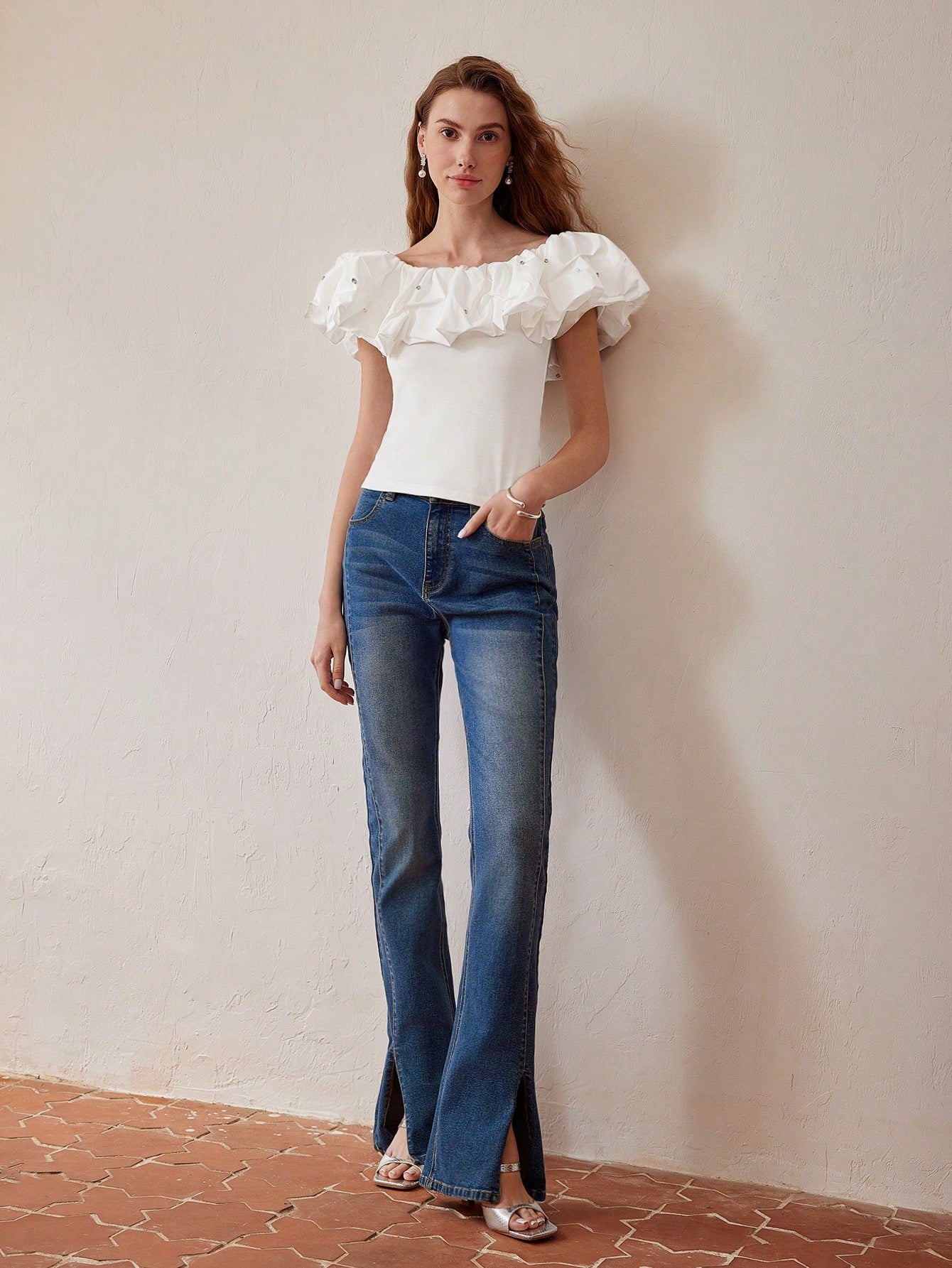 CM-TS710141 Women Elegant Seoul Style Rhinestone Scoop Neck Ruffle Trim Slim Fit Top - White
