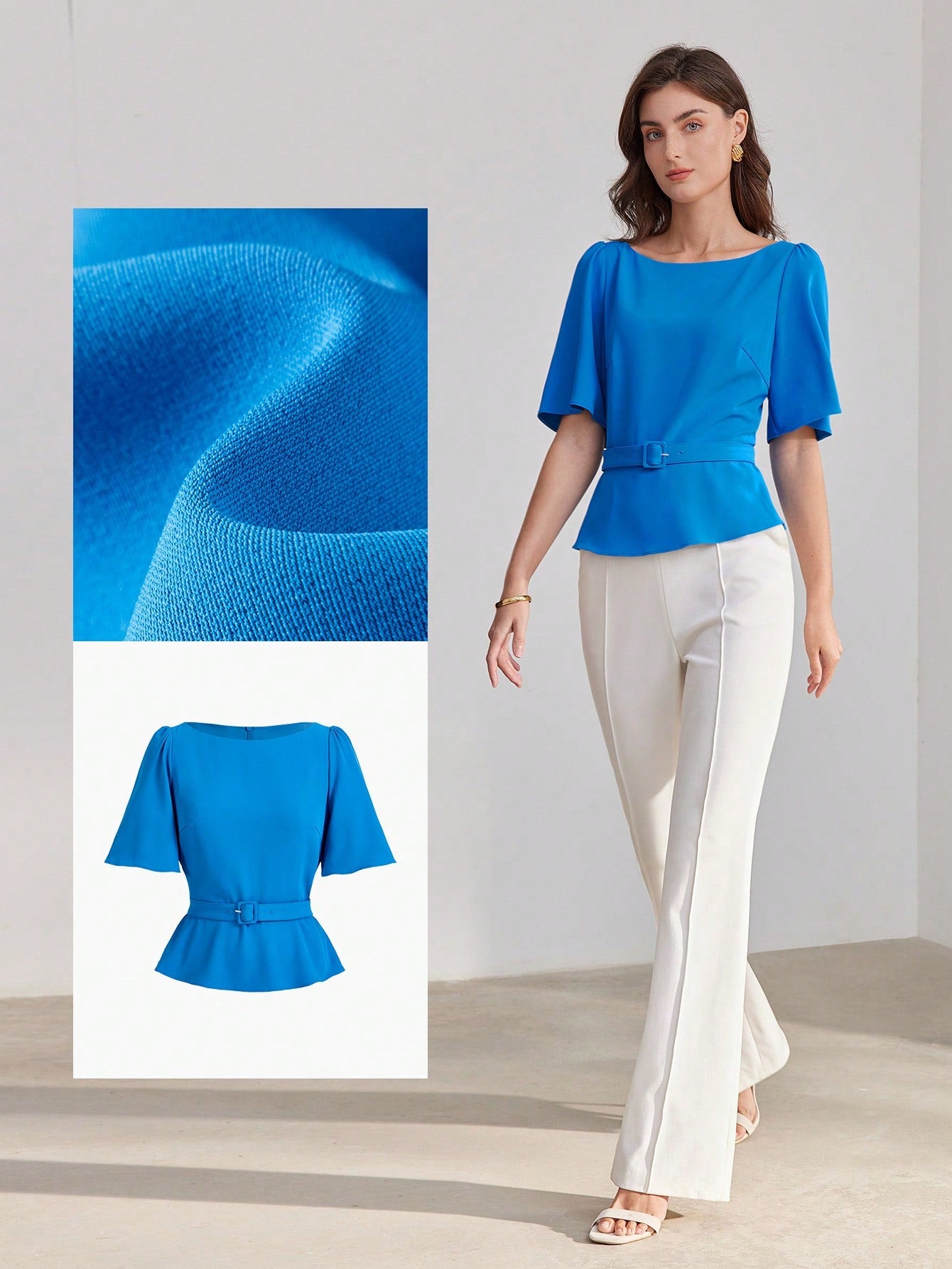 CM-TS317257 Women Elegant Seoul Style Boat Neck Flutter Sleeve Blouse - Blue