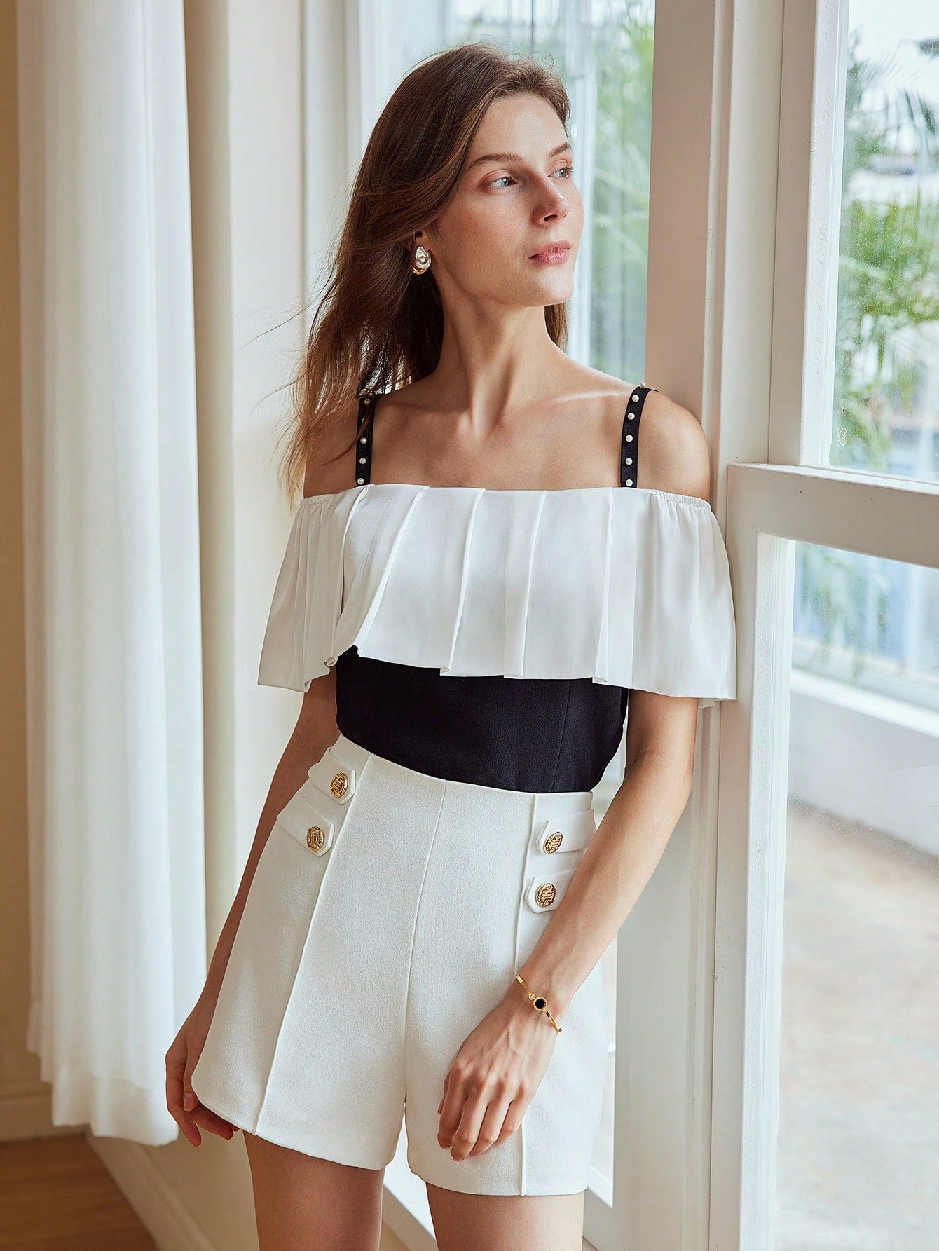 CM-TS123825 Women Elegant Seoul Style Two Tone Cold Shoulder Ruffle Trim  Faux Pearl Blouse