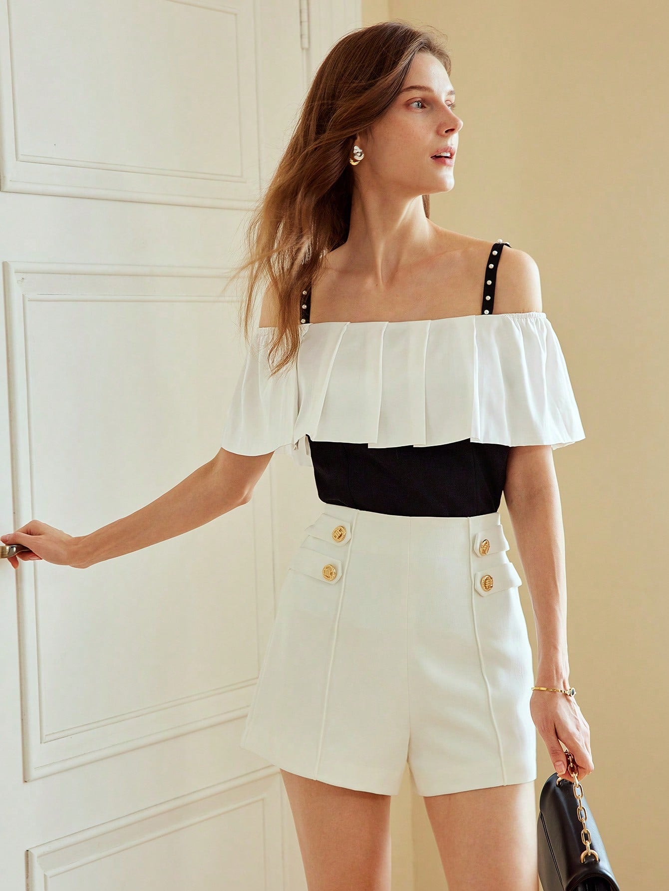 CM-TS123825 Women Elegant Seoul Style Two Tone Cold Shoulder Ruffle Trim  Faux Pearl Blouse