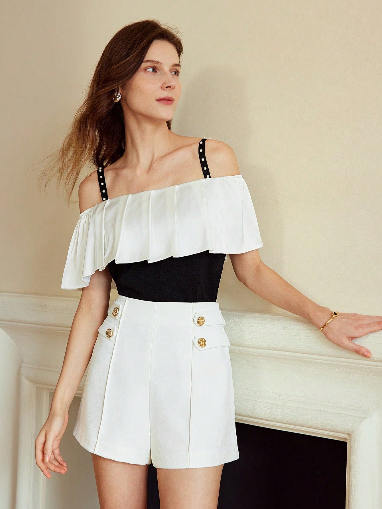 CM-TS123825 Women Elegant Seoul Style Two Tone Cold Shoulder Ruffle Trim  Faux Pearl Blouse