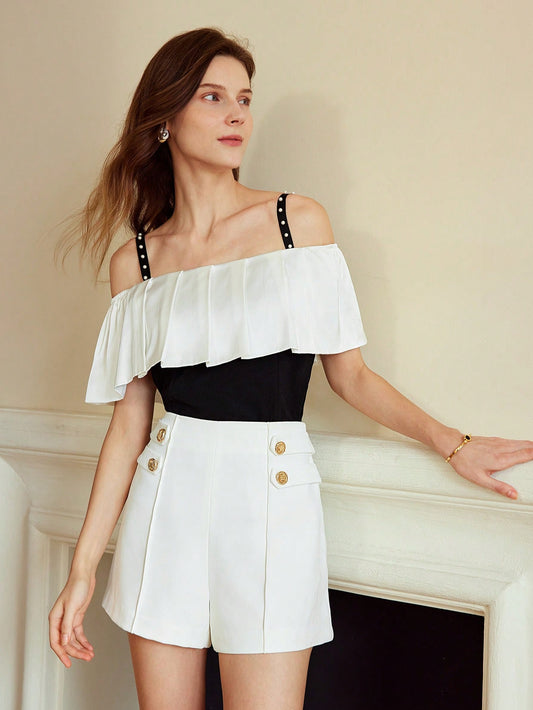 CM-TS123825 Women Elegant Seoul Style Two Tone Cold Shoulder Ruffle Trim Faux Pearl Blouse