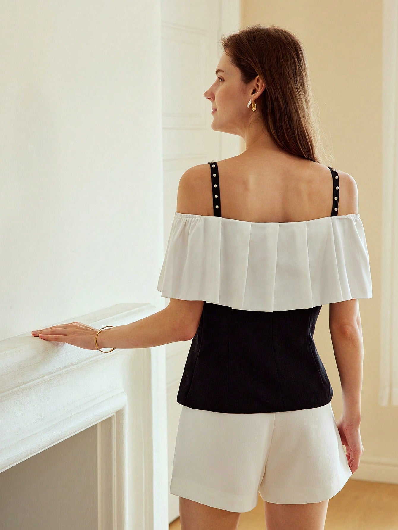 CM-TS123825 Women Elegant Seoul Style Two Tone Cold Shoulder Ruffle Trim  Faux Pearl Blouse