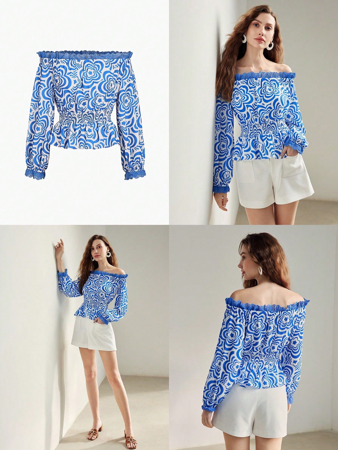CM-TS996454 Women Casual Seoul Style All Over Print Off Shoulder Lace Trim Flare Sleeve Top