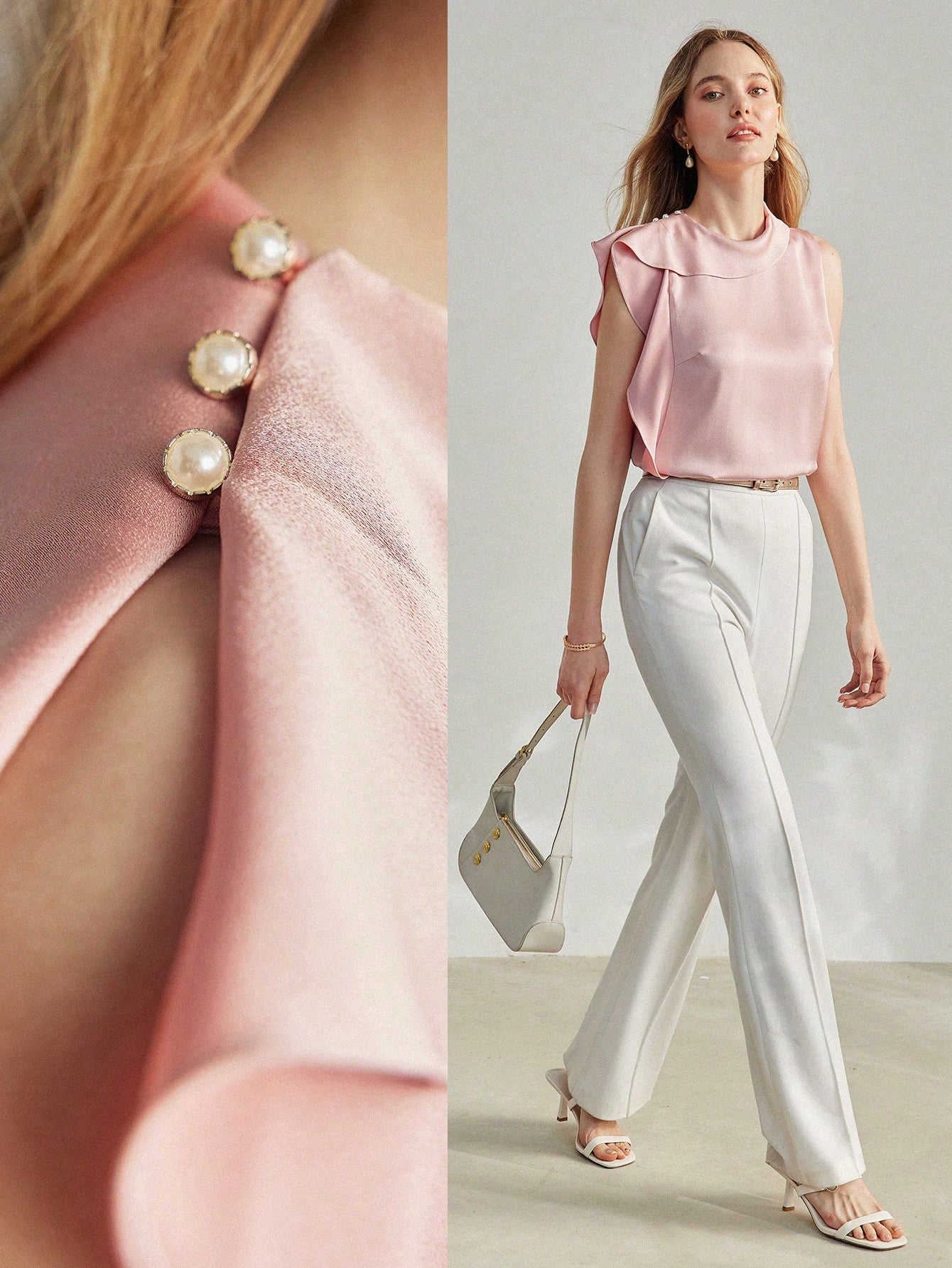 CM-TS609719 Women Elegant Seoul Style Cowl Neck Sleeveless Ruffle Trim Blouse - Pink
