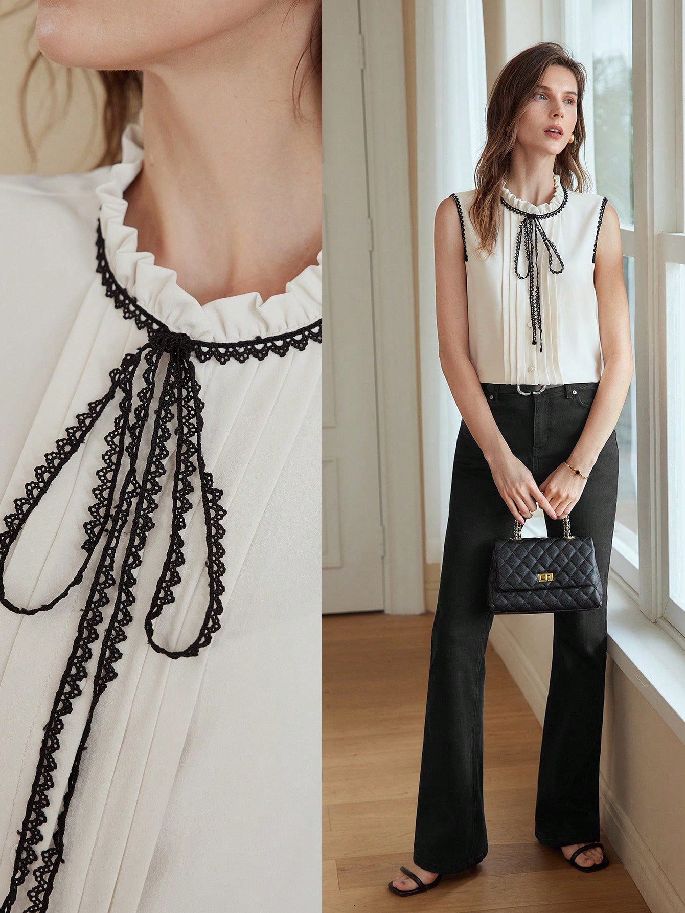 CM-TS396688 Women Elegant Seoul Style Contrast Lace Tie Neck Sleeveless Fold Pleated Blouse