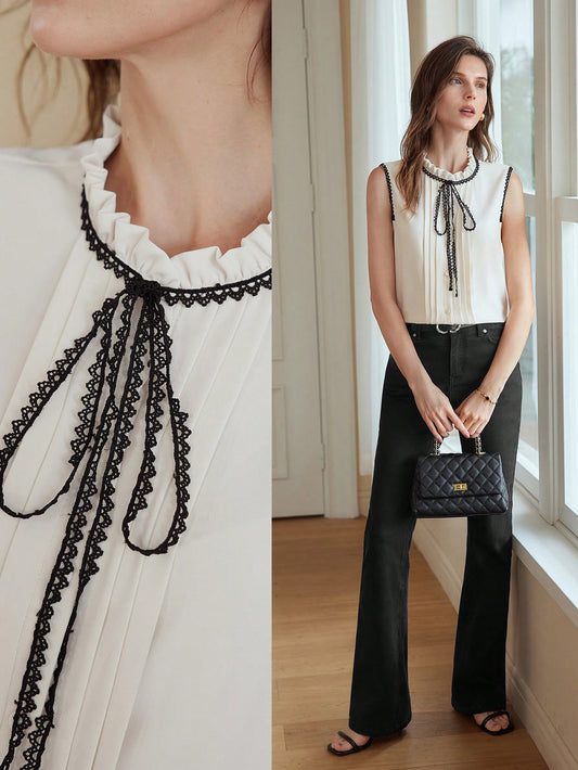 CM-TS396688 Women Elegant Seoul Style Contrast Lace Tie Neck Sleeveless Fold Pleated Blouse