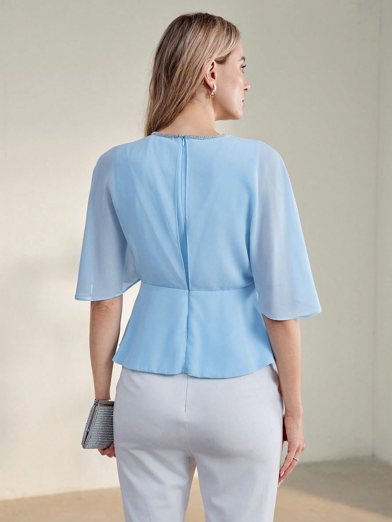 CM-TS606588 Women Elegant Seoul Style Rhinestone Detail Keyhole Neckline Peplum Top - Baby Blue