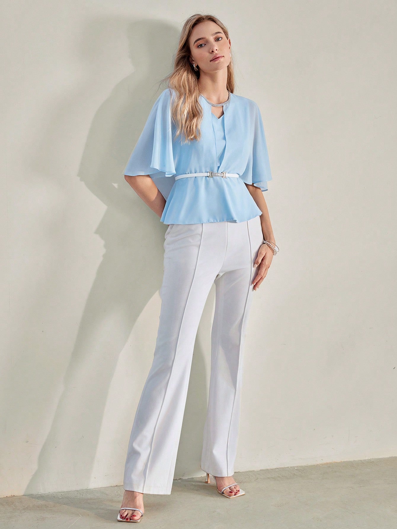 CM-TS606588 Women Elegant Seoul Style Rhinestone Detail Keyhole Neckline Peplum Top - Baby Blue