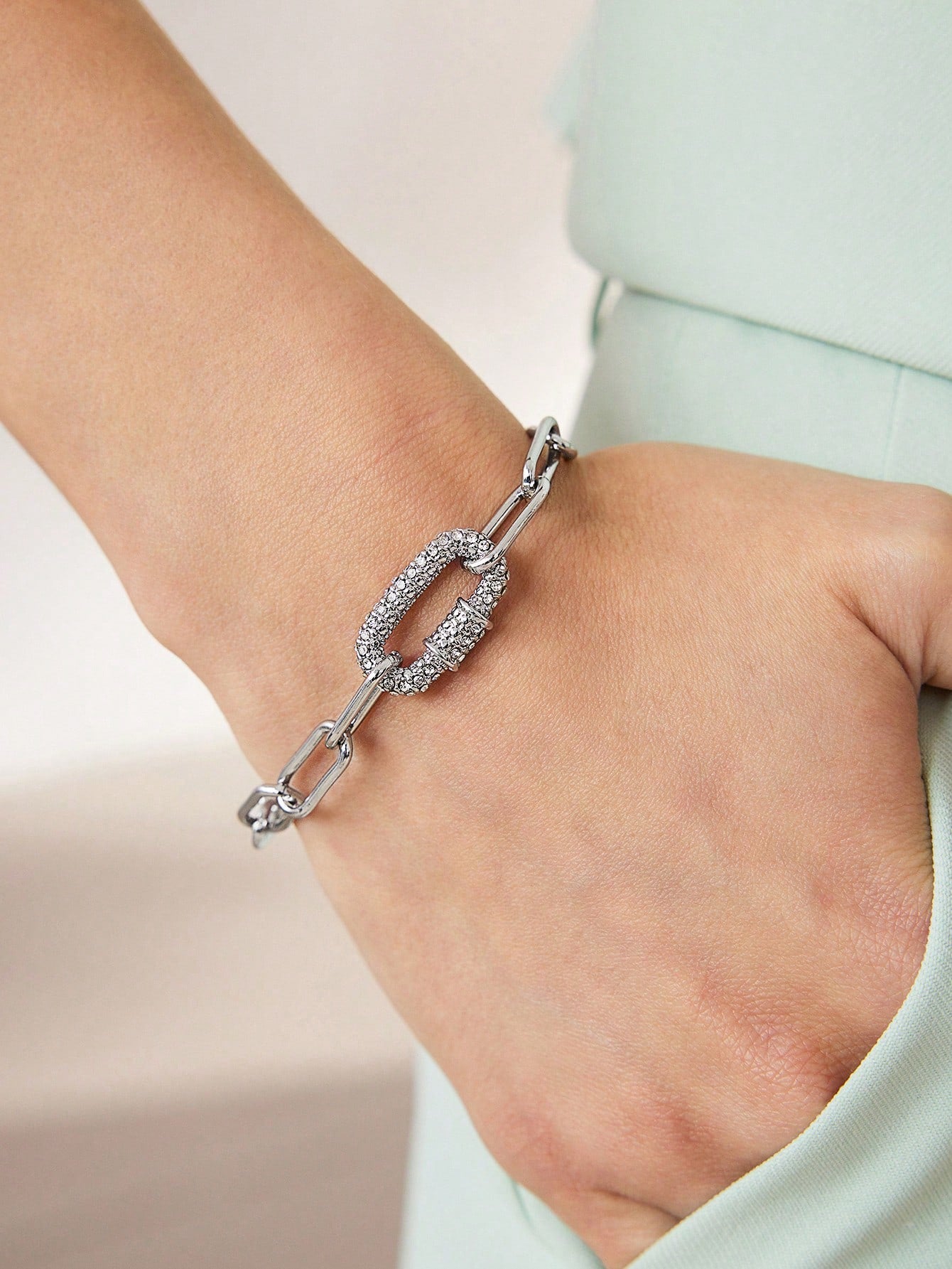 CM-AXS438313 Women Trendy Seoul Style Chain Rhinestone Bracelet - Silver