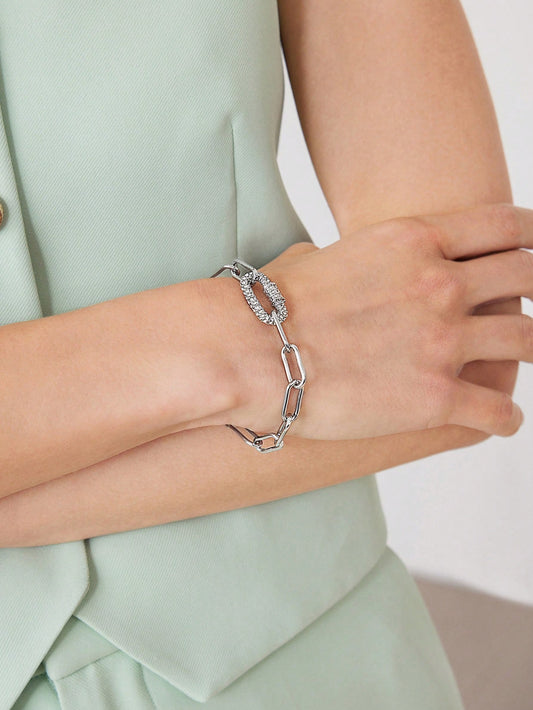 CM-AXS438313 Women Trendy Seoul Style Chain Rhinestone Bracelet - Silver