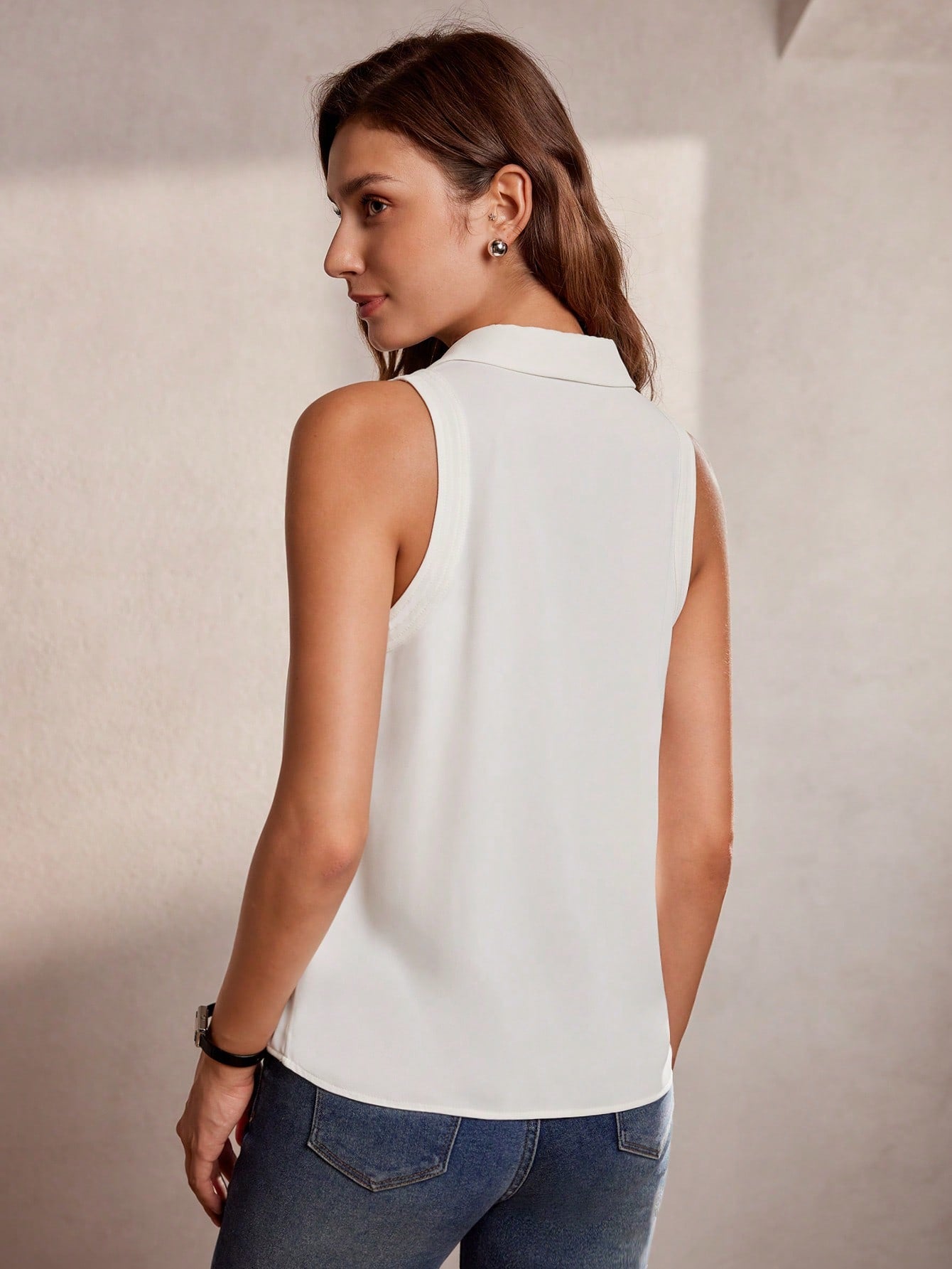CM-TS927625 Women Elegant Seoul Style Notched Neckline Button Front Sleeveless Blouse - White