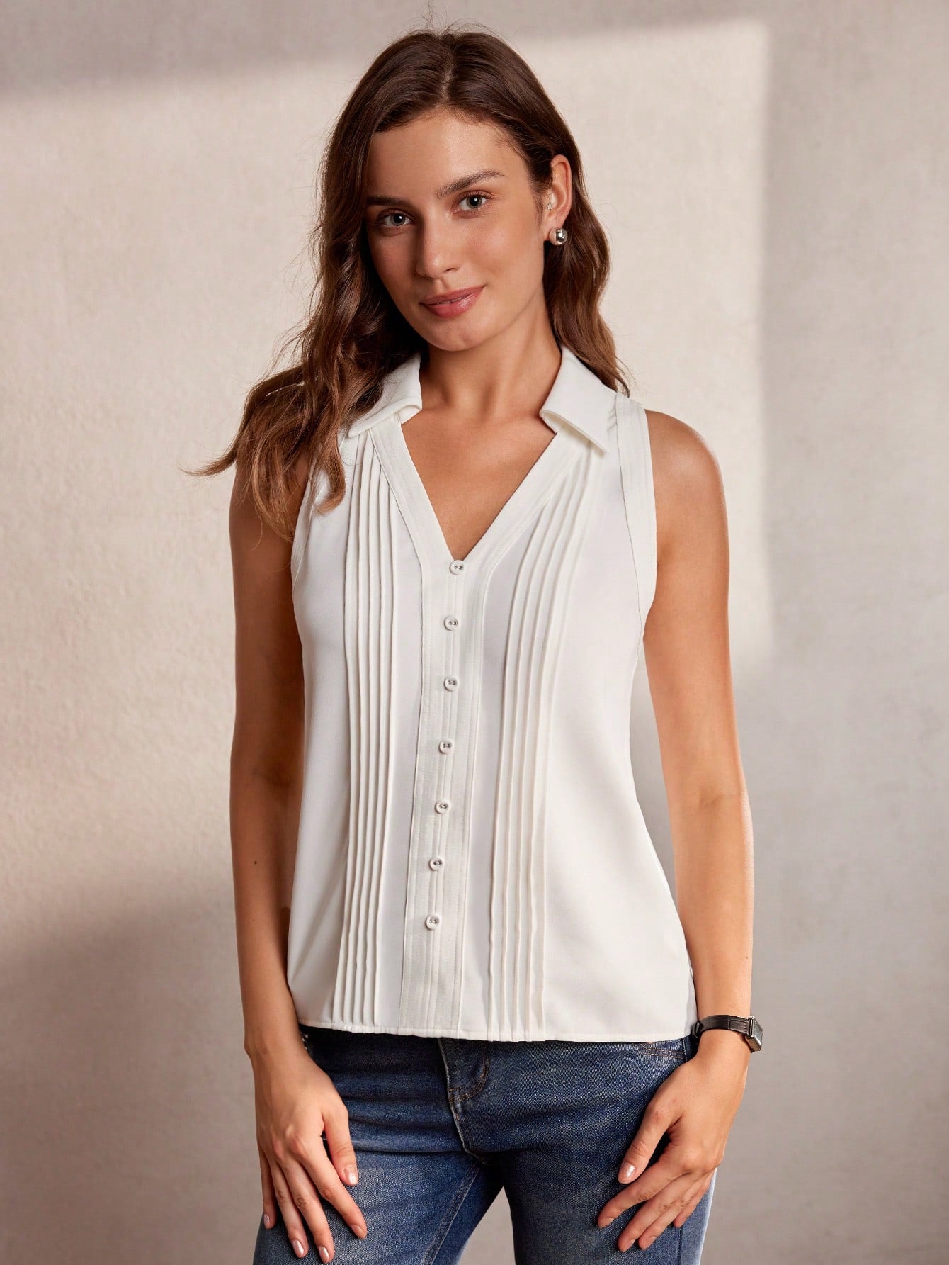 CM-TS927625 Women Elegant Seoul Style Notched Neckline Button Front Sleeveless Blouse - White