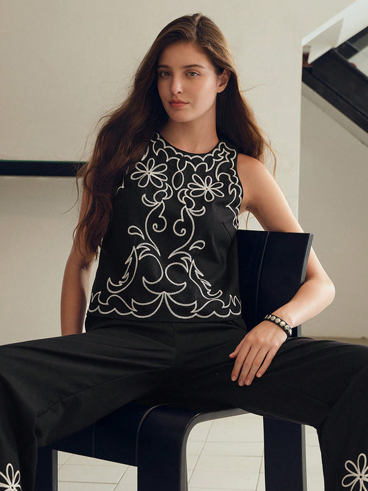 CM-TS700266 Women Elegant Seoul Style Floral Embroidery Round Neck Sleeveless Blouse - Black