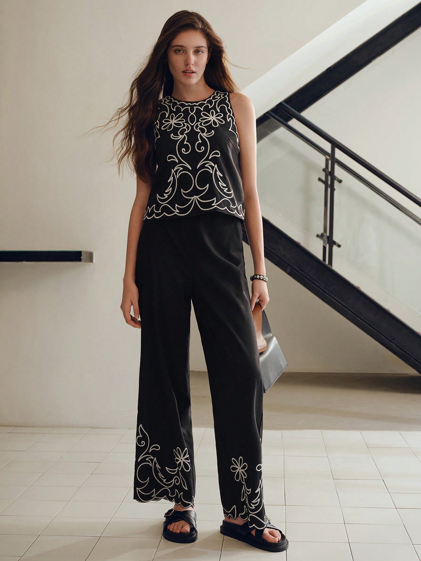 CM-TS700266 Women Elegant Seoul Style Floral Embroidery Round Neck Sleeveless Blouse - Black