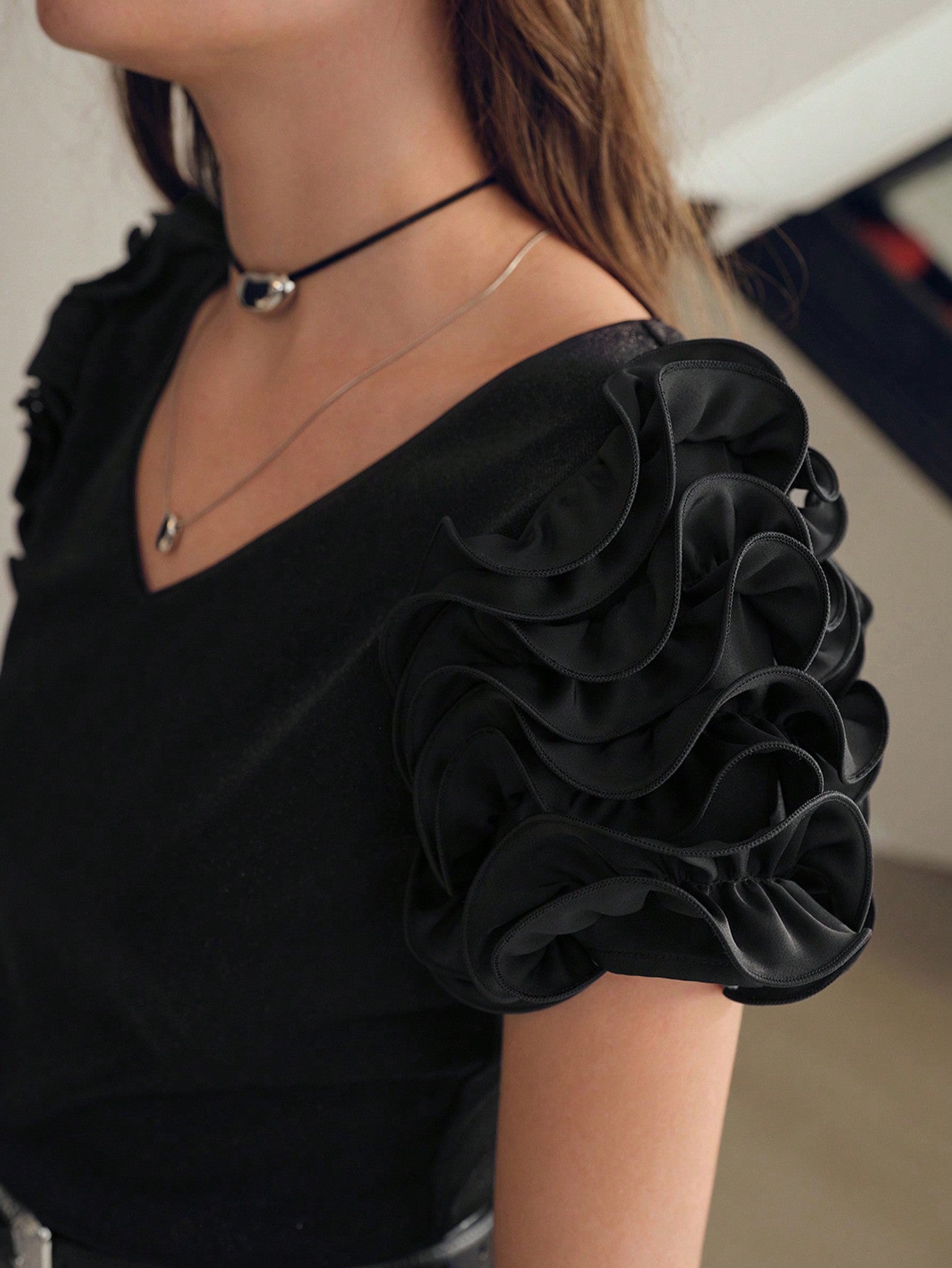 CM-TS225158 Women Casual Seoul Style V-Neck Short Sleeve Ruffle Trim Slim Fit Blouse - Black
