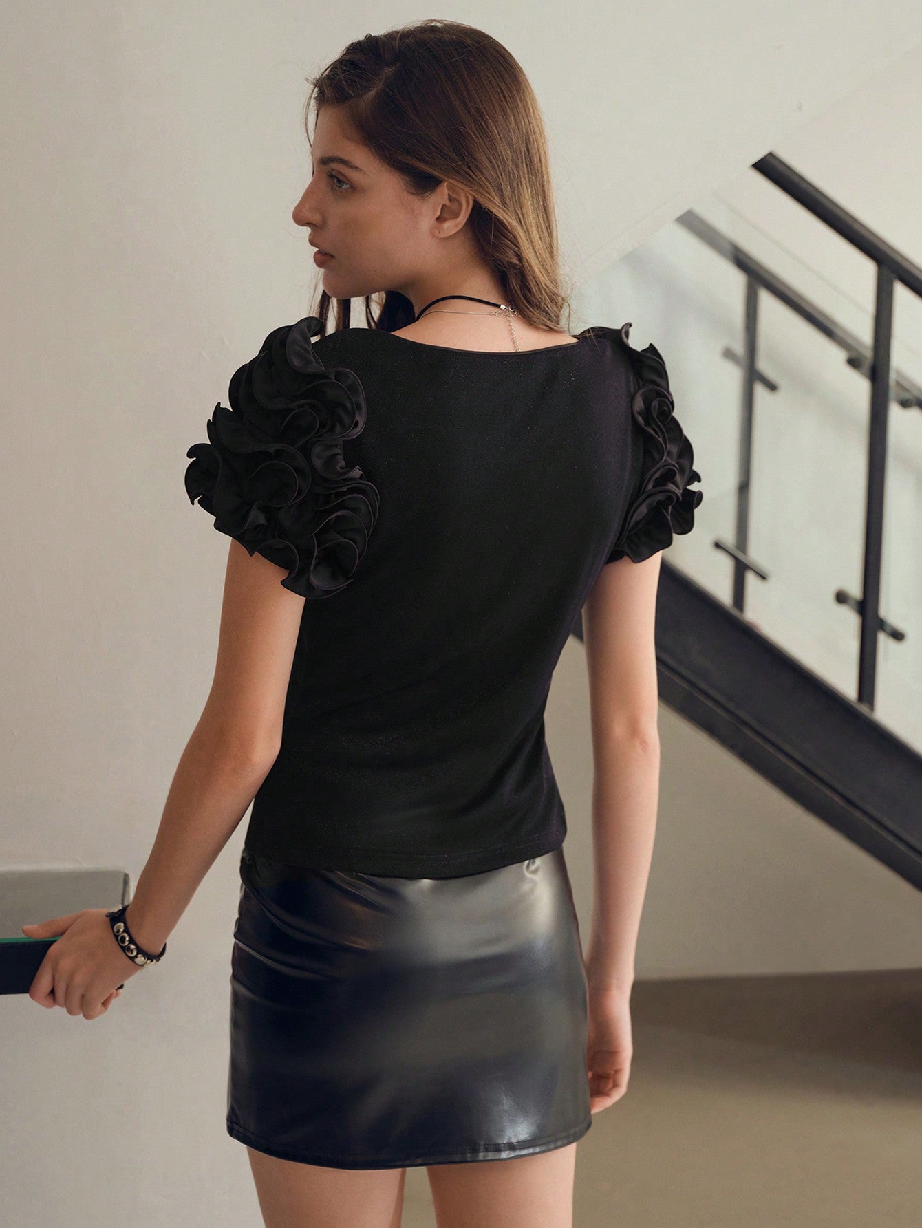 CM-TS225158 Women Casual Seoul Style V-Neck Short Sleeve Ruffle Trim Slim Fit Blouse - Black