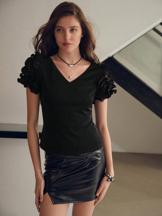 CM-TS225158 Women Casual Seoul Style V-Neck Short Sleeve Ruffle Trim Slim Fit Blouse - Black