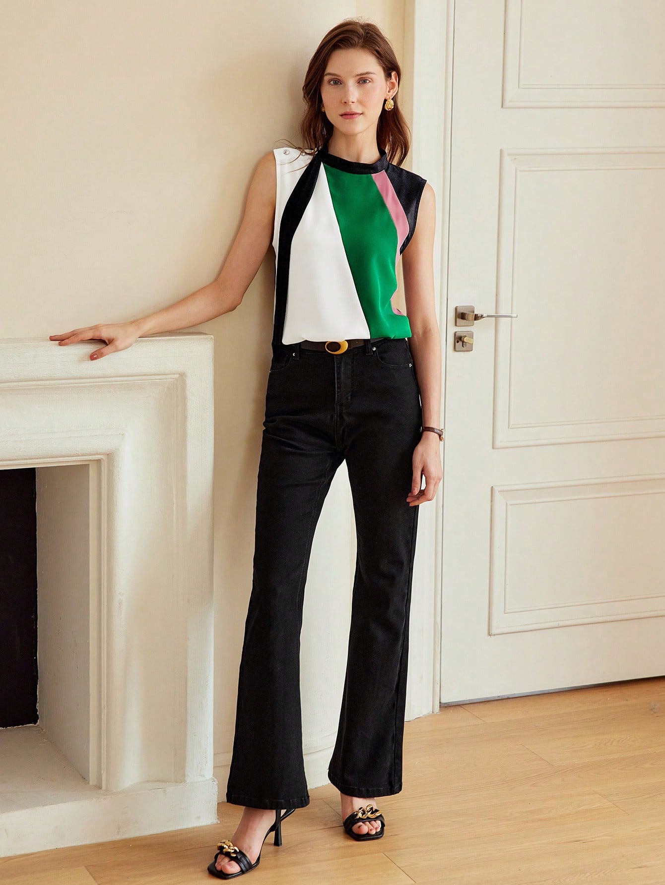 CM-TS984103 Women Elegant Seoul Style Stand Collar Colorblock Button Detail Sleeveless Blouse