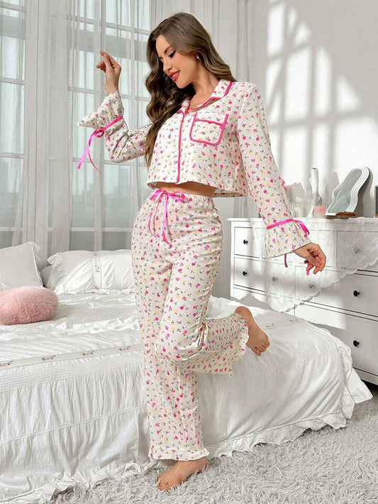 CM-LS944800 Women Trendy Seoul Style Ditsy Floral Long Sleeve Pajama Set - Pink