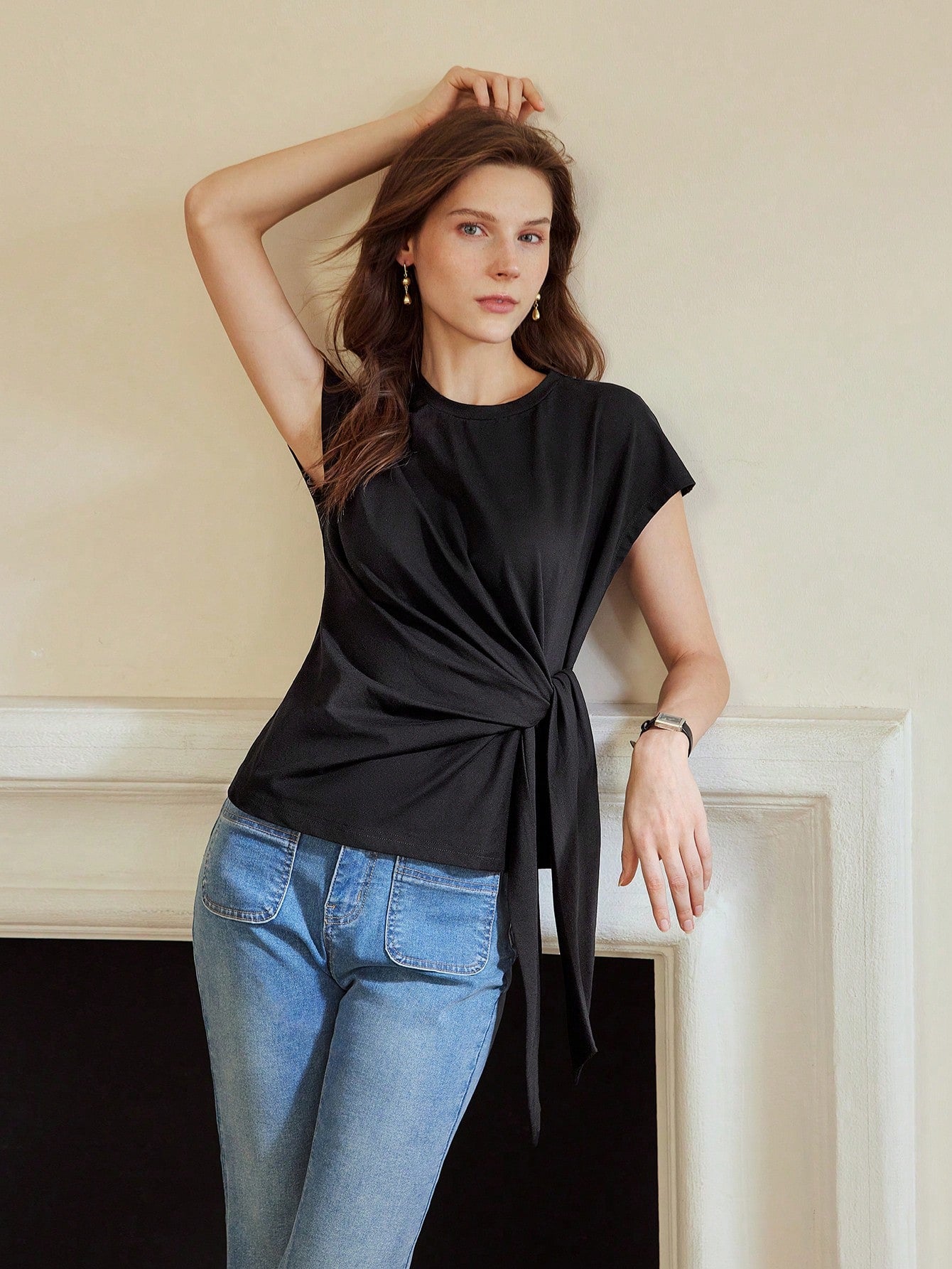 CM-TS603309 Women Casual Seoul Style Round Neck Batwing Sleeve Knot Front Tee - Black