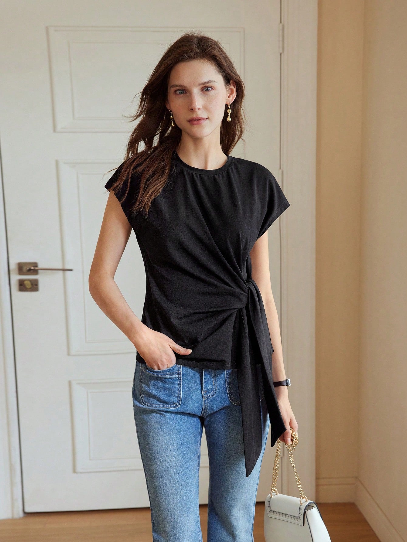 CM-TS603309 Women Casual Seoul Style Round Neck Batwing Sleeve Knot Front Tee - Black