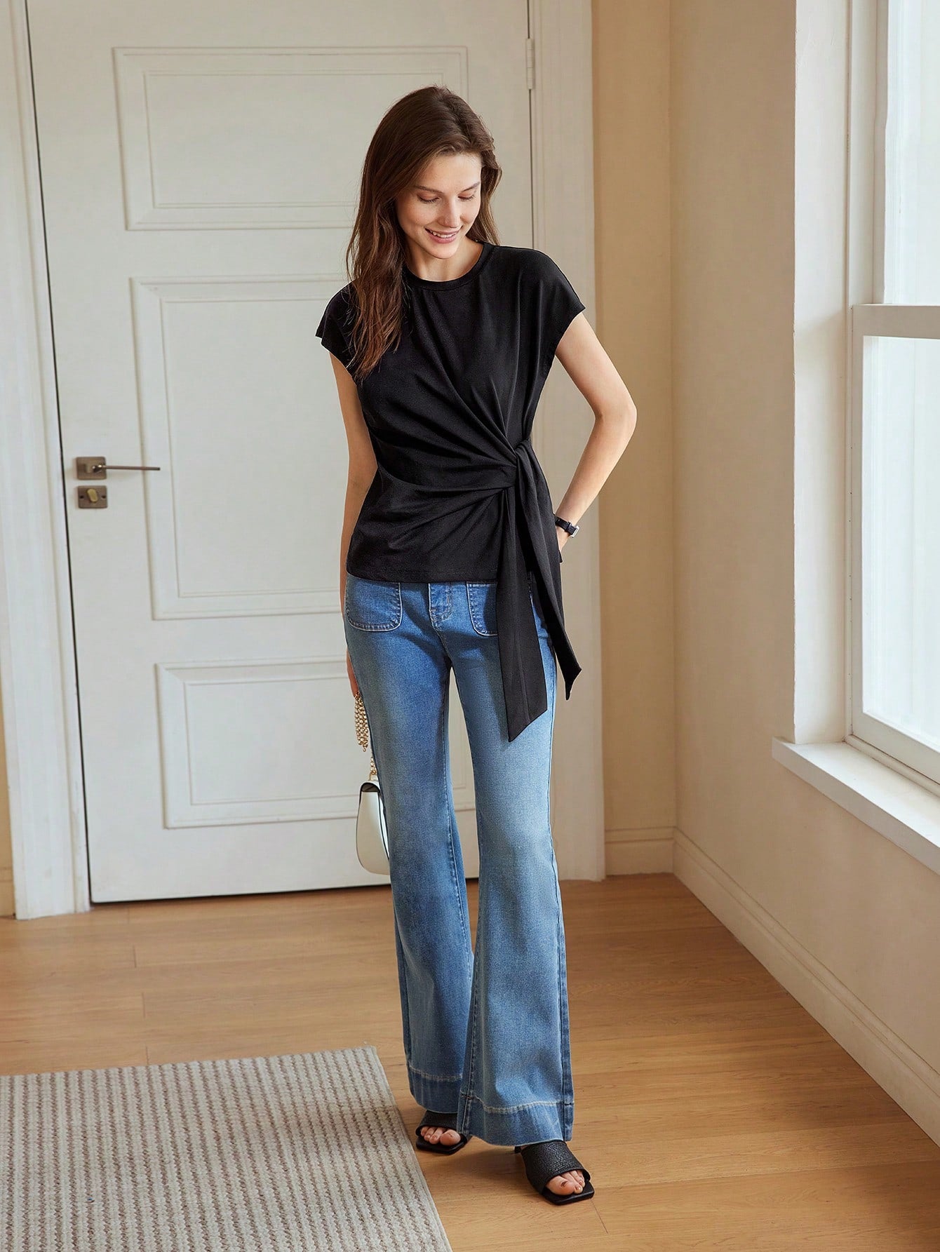CM-TS603309 Women Casual Seoul Style Round Neck Batwing Sleeve Knot Front Tee - Black