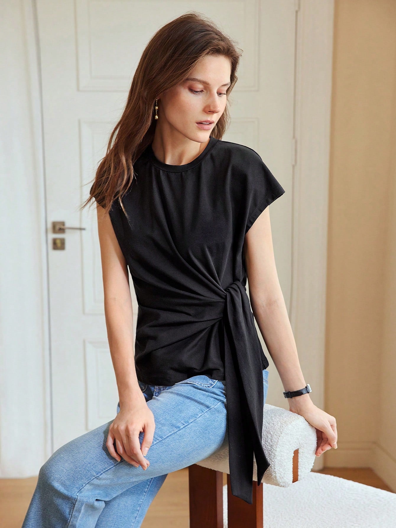 CM-TS603309 Women Casual Seoul Style Round Neck Batwing Sleeve Knot Front Tee - Black