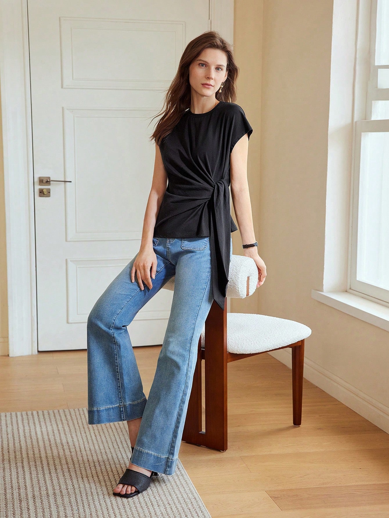 CM-TS603309 Women Casual Seoul Style Round Neck Batwing Sleeve Knot Front Tee - Black