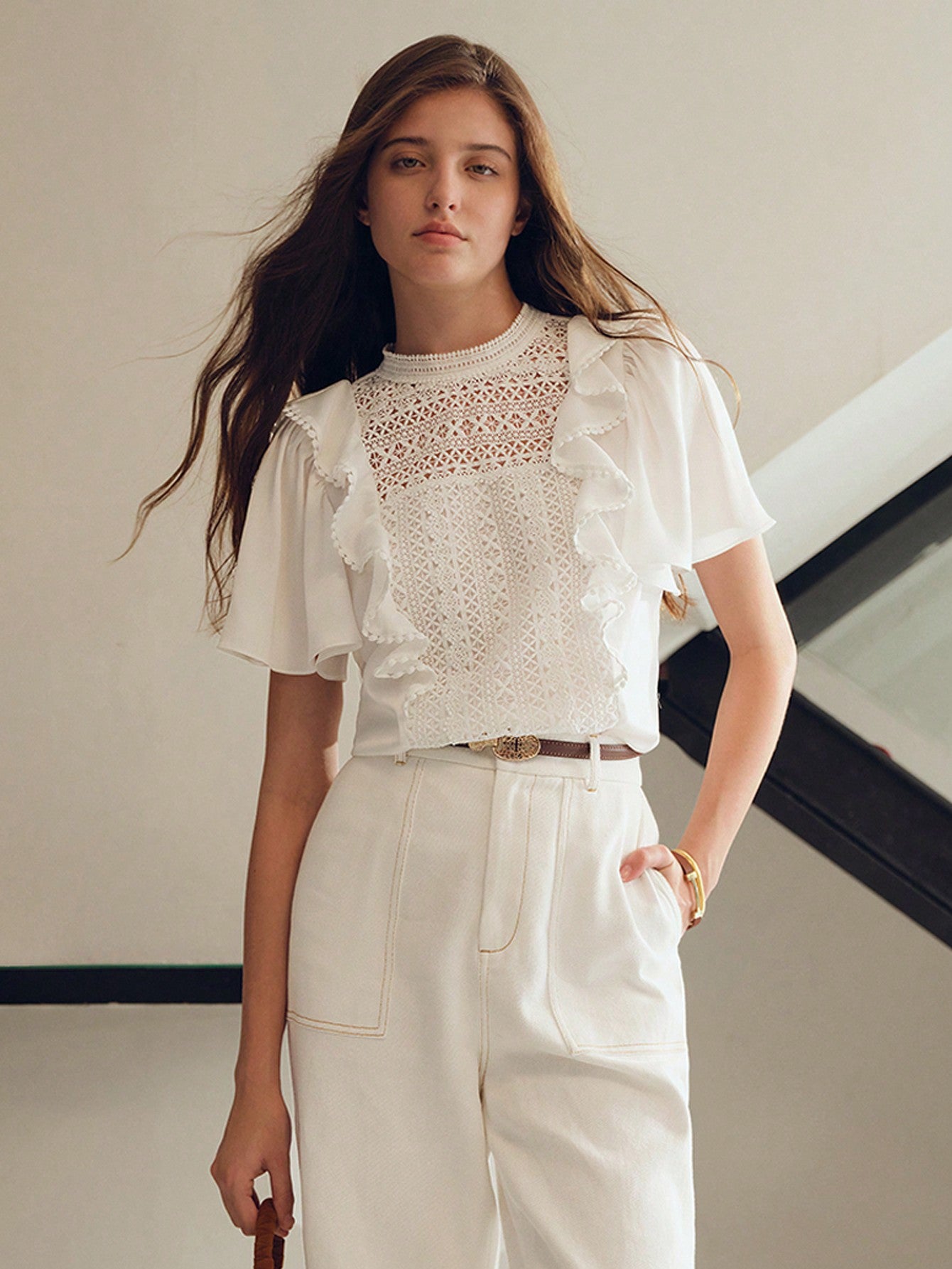 CM-TS166068 Women Elegant Seoul Style Ruffle Trim Contrast Guipure Lace Blouse - White