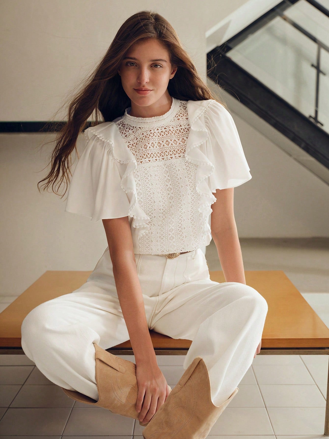 CM-TS166068 Women Elegant Seoul Style Ruffle Trim Contrast Guipure Lace Blouse - White