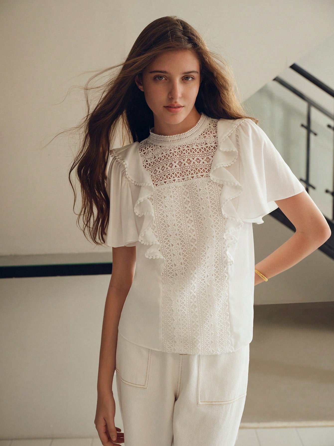 CM-TS166068 Women Elegant Seoul Style Ruffle Trim Contrast Guipure Lace Blouse - White