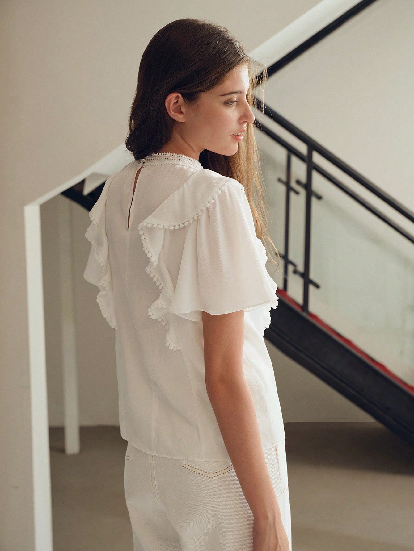 CM-TS166068 Women Elegant Seoul Style Ruffle Trim Contrast Guipure Lace Blouse - White