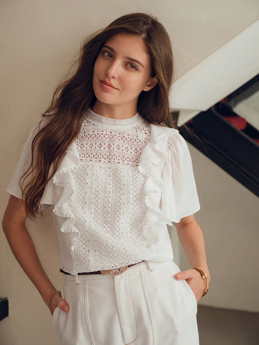 CM-TS166068 Women Elegant Seoul Style Ruffle Trim Contrast Guipure Lace Blouse - White