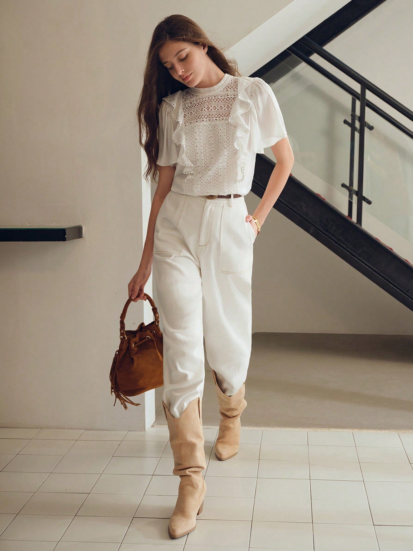 CM-TS166068 Women Elegant Seoul Style Ruffle Trim Contrast Guipure Lace Blouse - White