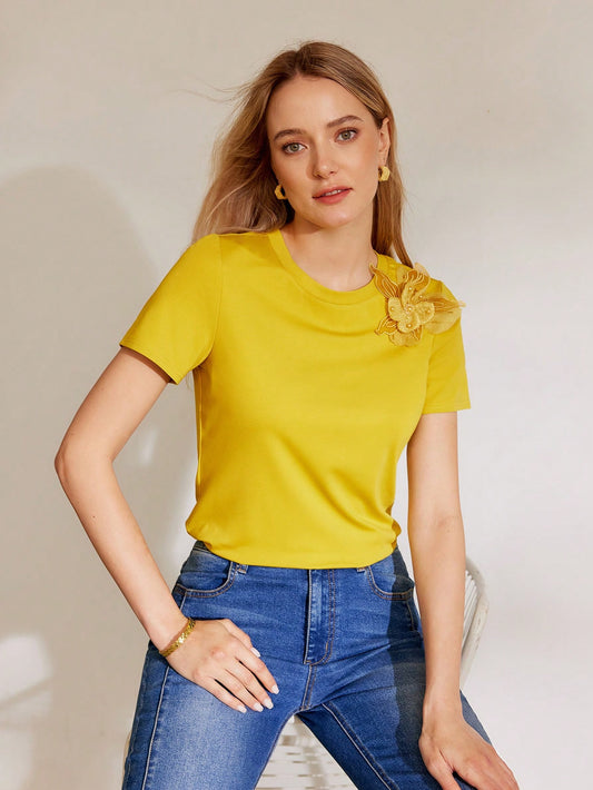 CM-TS195915 Women Casual Seoul Style Floral Patch Round Neck Short Sleeve Fitted T-Shirt - Yellow
