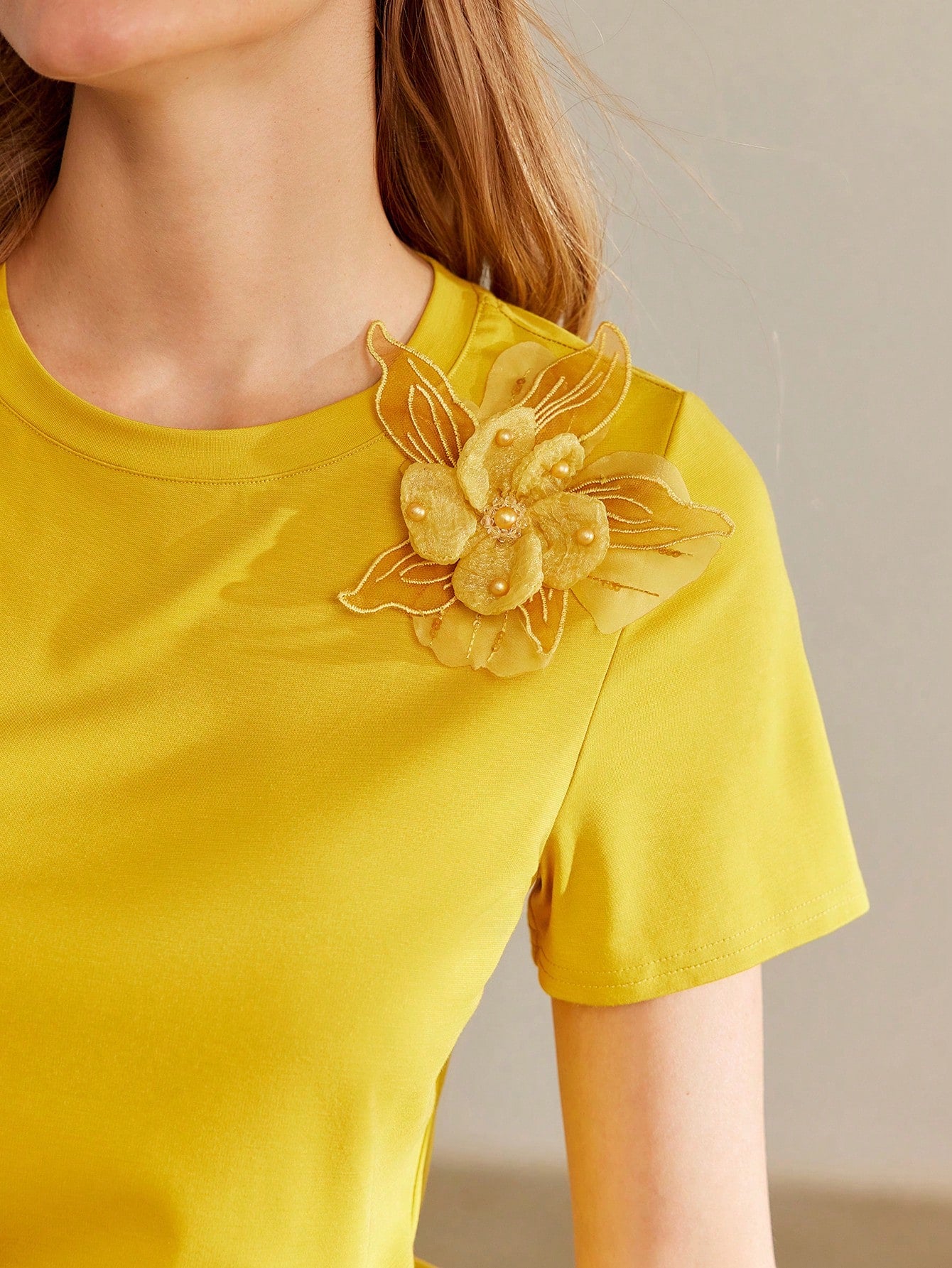 CM-TS195915 Women Casual Seoul Style Floral Patch Round Neck Short Sleeve Fitted T-Shirt - Yellow