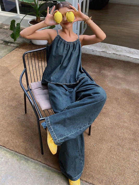 CM-SS044376 Women Casual Seoul Style Dark Washed Tank Top With Wide-Leg Pants - Set