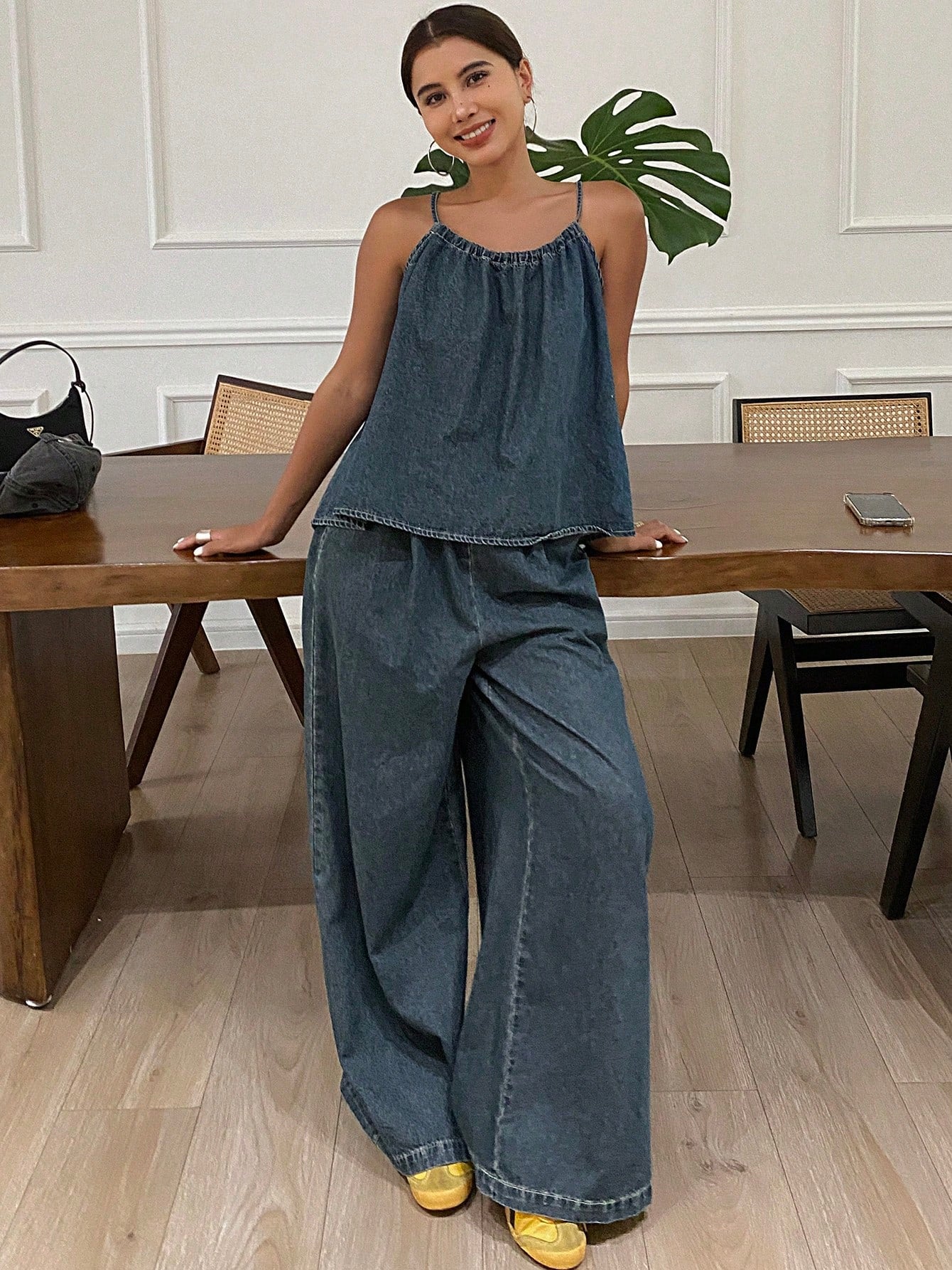 CM-SS044376 Women Casual Seoul Style Dark Washed Tank Top With Wide-Leg Pants - Set