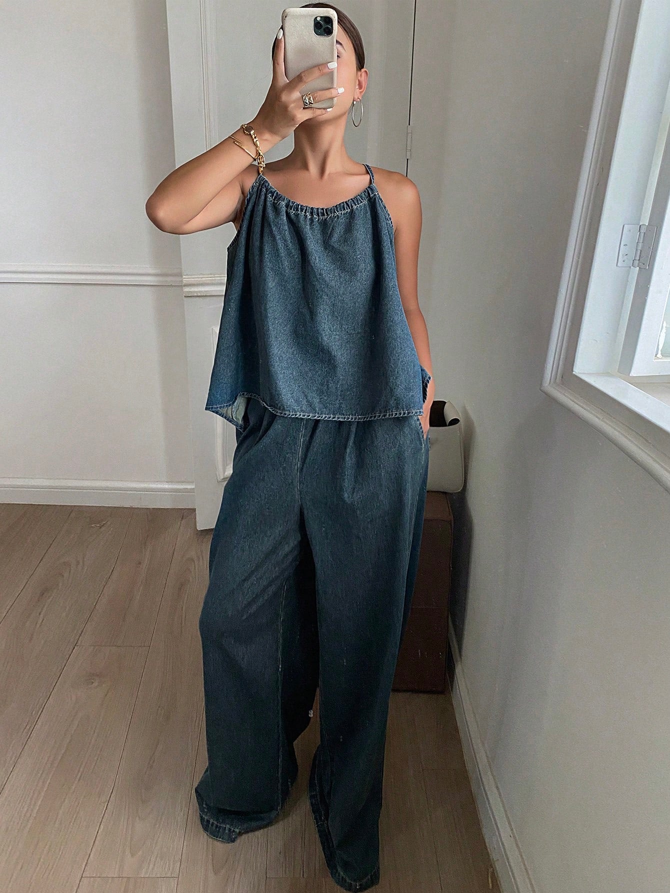 CM-SS044376 Women Casual Seoul Style Dark Washed Tank Top With Wide-Leg Pants - Set