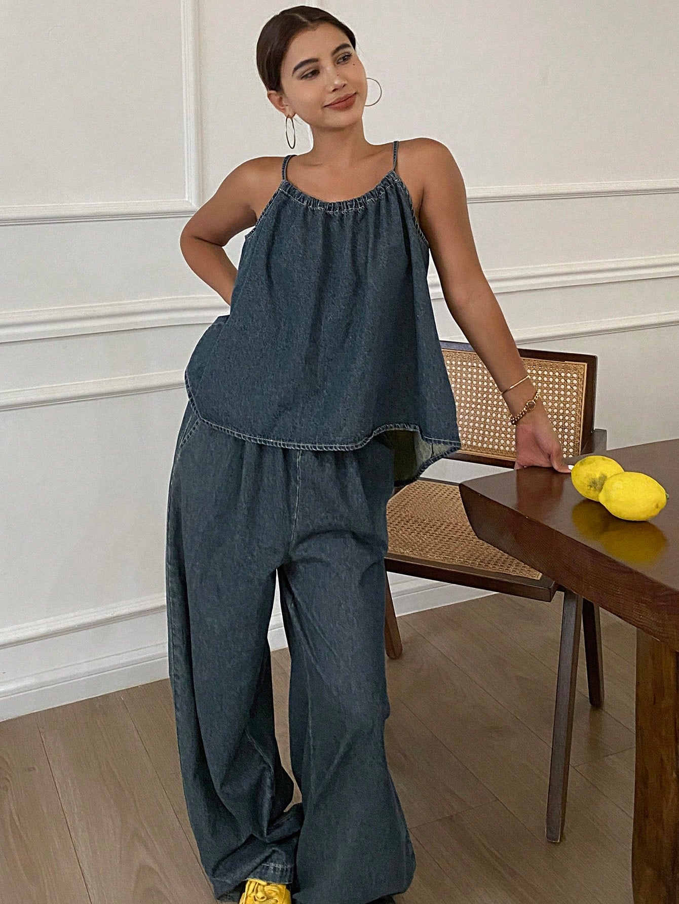 CM-SS044376 Women Casual Seoul Style Dark Washed Tank Top With Wide-Leg Pants - Set
