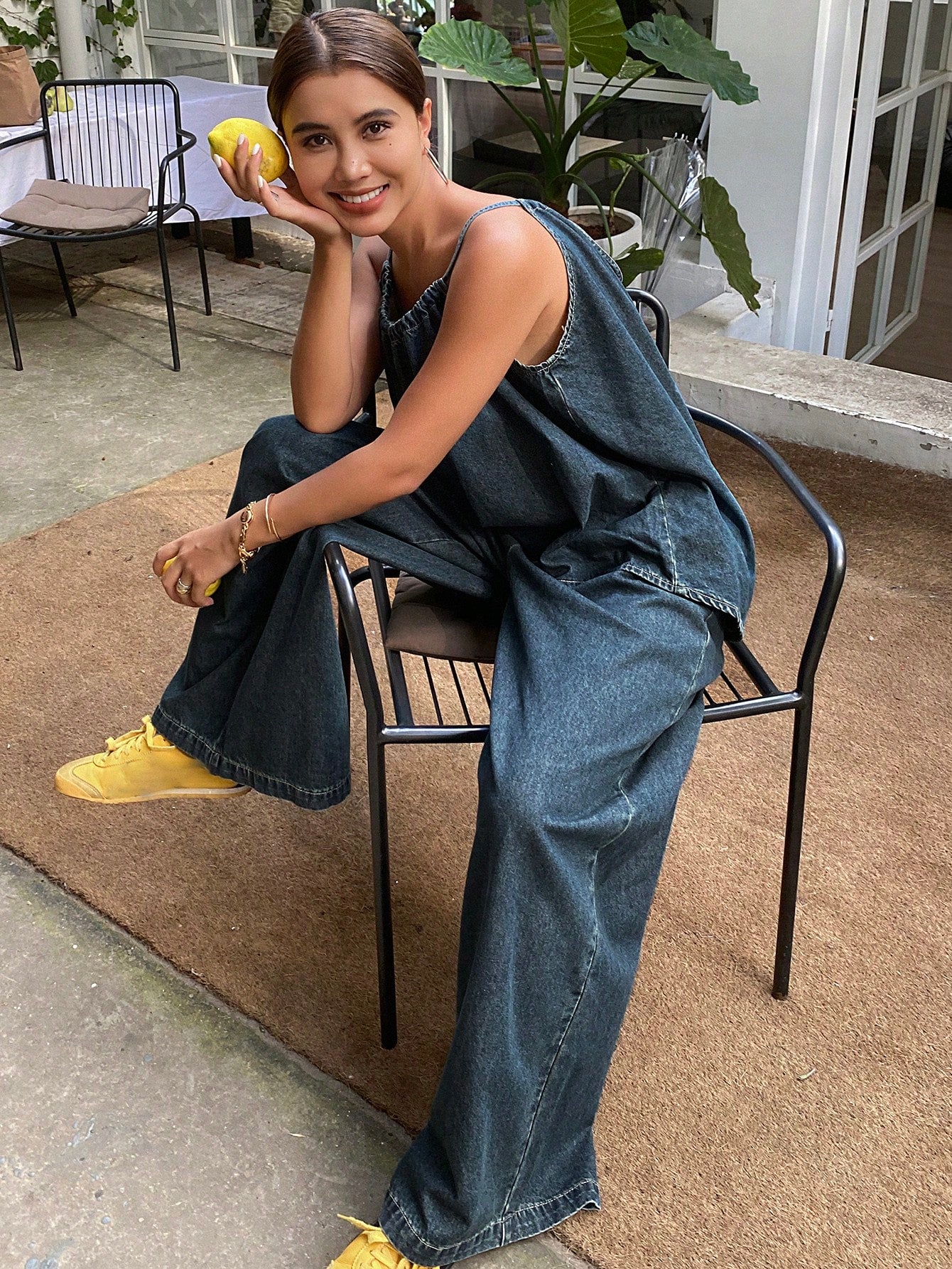 CM-SS044376 Women Casual Seoul Style Dark Washed Tank Top With Wide-Leg Pants - Set